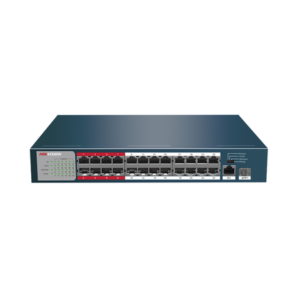 Switch PoE+, No Administrable, 24 Puertos 10/100 Mbps PoE+, 1 Puerto 10/100/1000 Mbps + 1 Puerto SFP Uplink, PoE hasta 250 Metros, 230 W, HIKVISION DS-3E0326P-E/M(B)