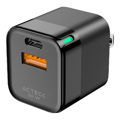 Cargador de Pared Energon Prime, USB tipo A y USB tipo C, Carga Rápida de 20W, Color Negro, ACTECK AC-935555