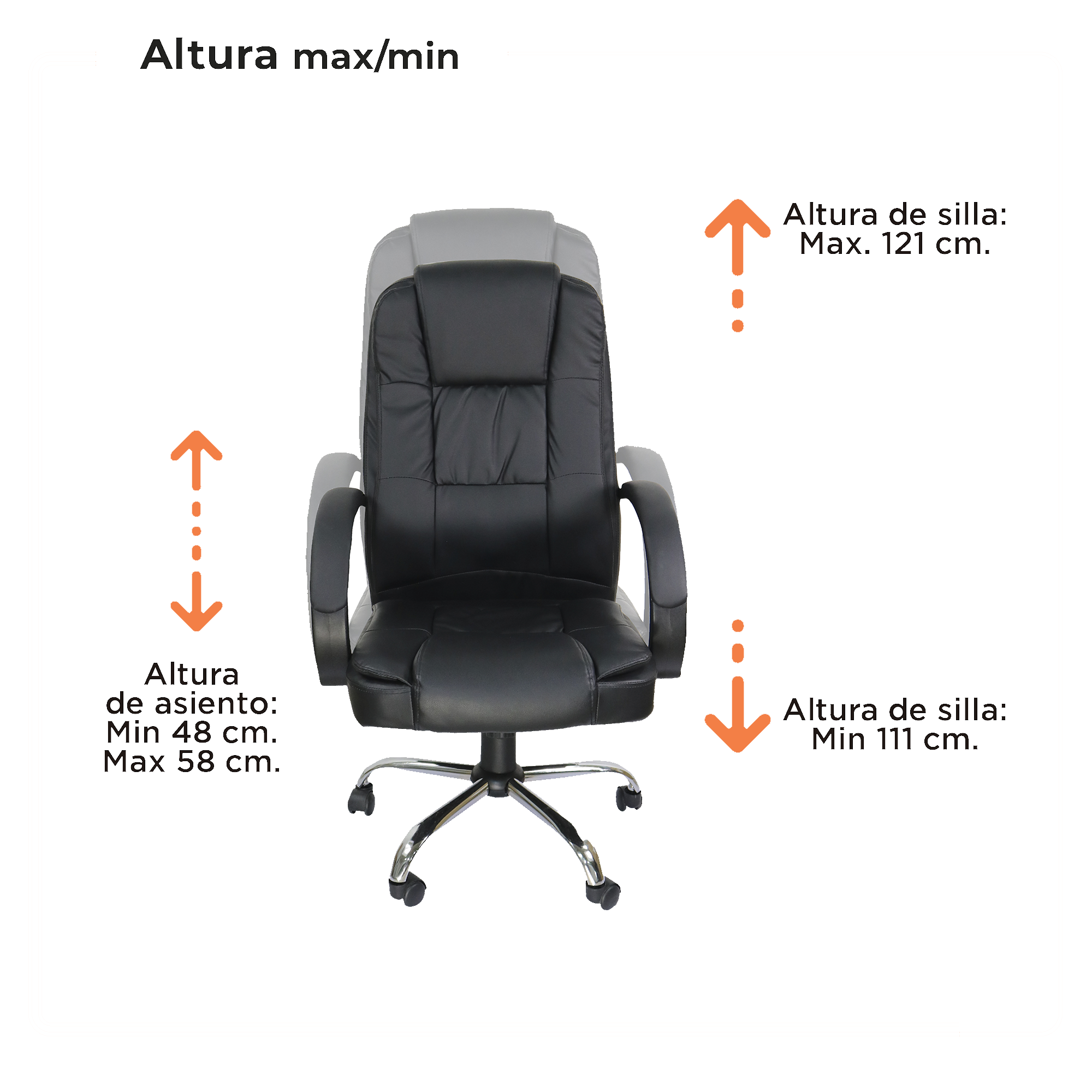 Silla de Oficina Ejecutiva, Giratoria, Respaldo Alto, Tactopiel, Color Negro, Base Metálica, CHASER CH-DUALITABLACK