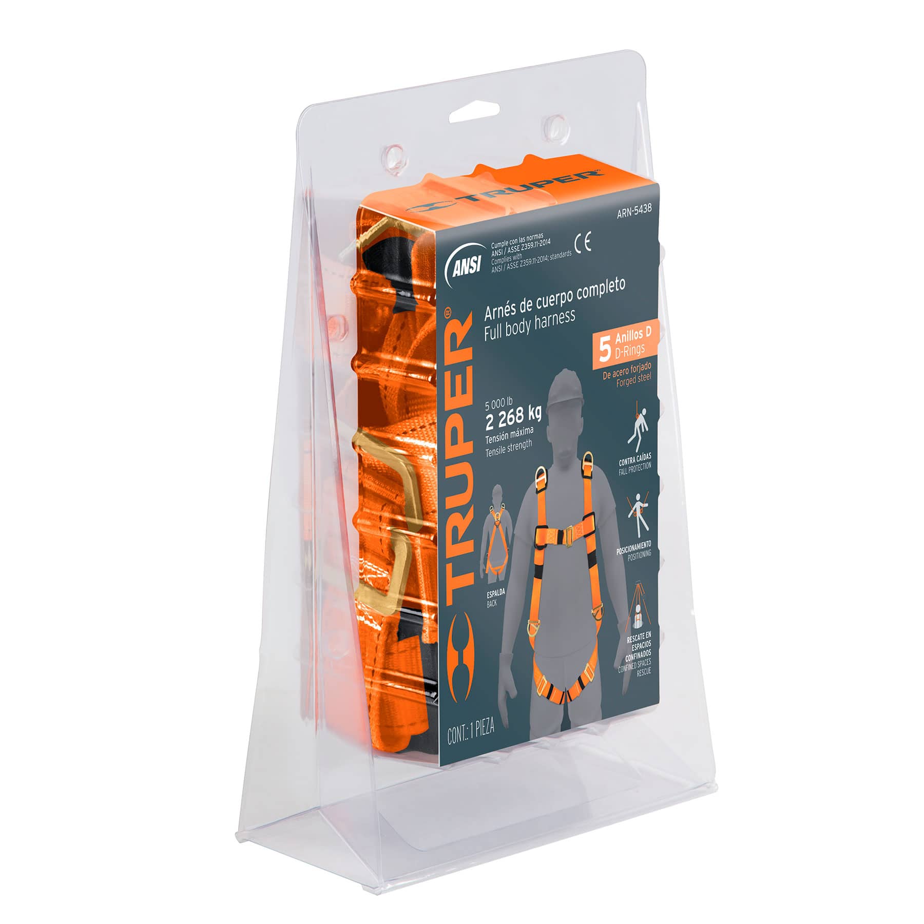 Arnés de Cuerpo Completo, 5 Anillos con Línea de Vida con Doble Gancho en "Y", Longitud 1.8 Metros, Color Naranja, TRUPER ARN-5438 / CAB-5432-18-A