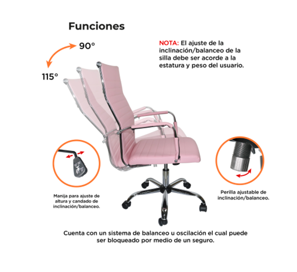 Silla de Oficina Ejecutiva, Giratoria, Respaldo Alto (65 cm), Base Metálica, Max. 85 Kg, Color Rosa, CHASER CH-KENAPINK