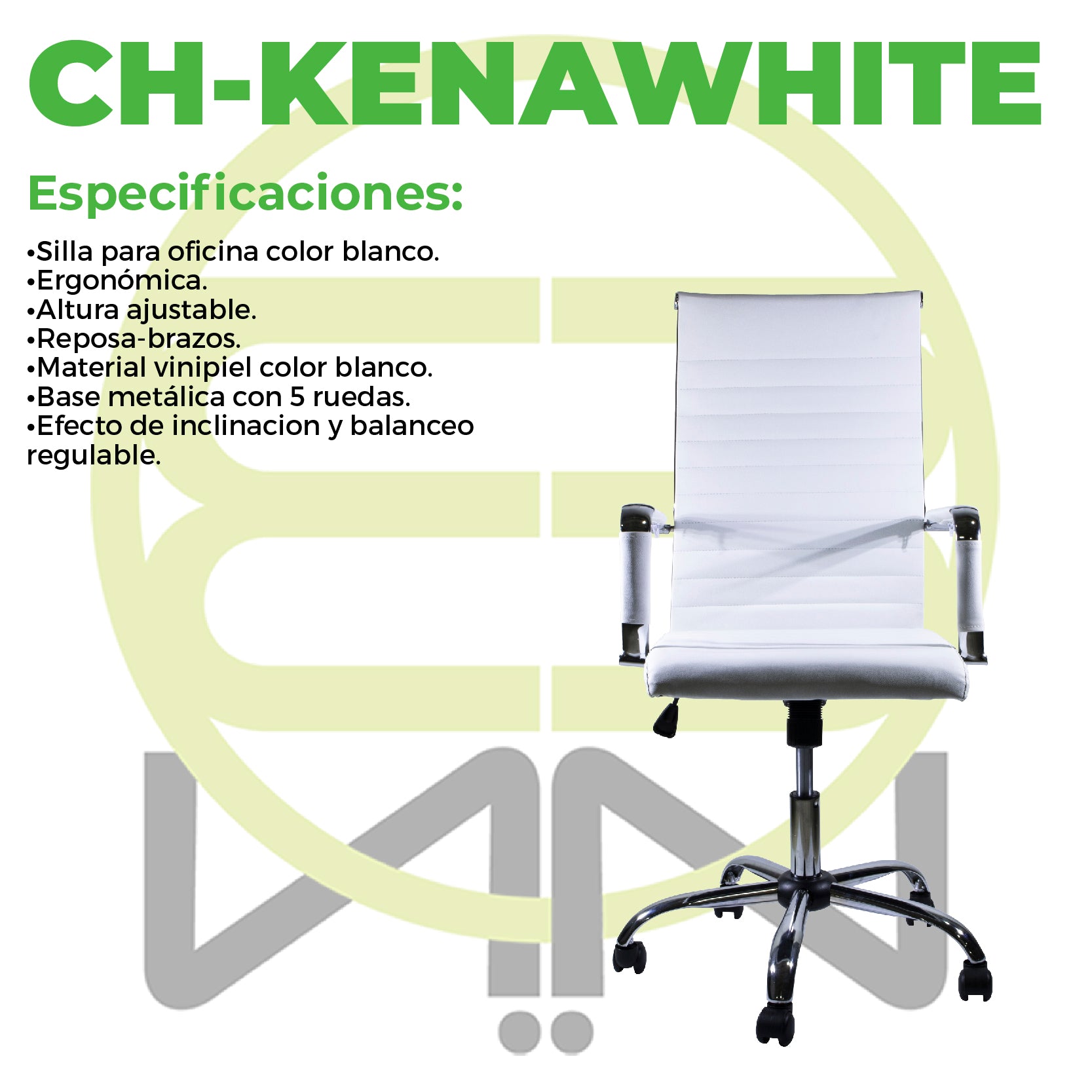 Silla de Oficina Ejecutiva, Giratoria, Respaldo Alto (65 cm), Base Metálica, Max. 85 Kg, Color Blanco, CHASER CH-KENAWHITE