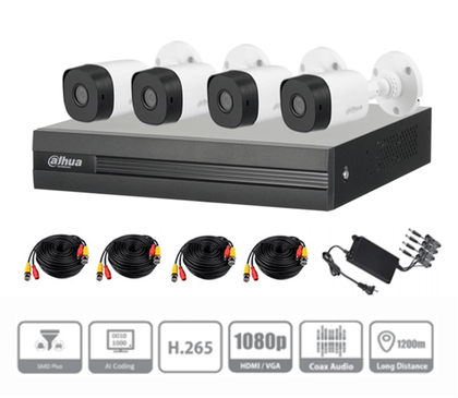 Kit de Videovigilancia, 4 Canales, 2 MP / DVR Cooper-I WizSense, Con IA, H.265+, 4 Cámaras B1A21 1080p, 4 Canales + 1 IP, Búsqueda de Humanos y Vehículos, (Accesorios Incluidos), DAHUA KITXVR1B04-I+4B1A21