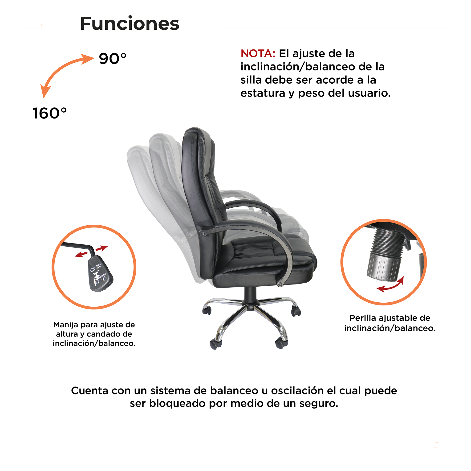 Silla de Oficina Ejecutiva, Giratoria, Respaldo Alto, Tactopiel, Color Negro, Base Metálica, CHASER CH-DUALITABLACK