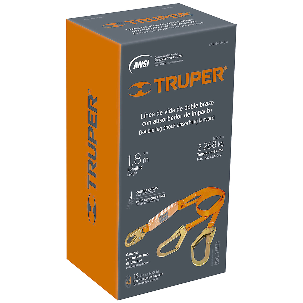 Arnés de Cuerpo Completo, 5 Anillos con Línea de Vida con Doble Gancho en "Y", Longitud 1.8 Metros, Color Naranja, TRUPER ARN-5438 / CAB-5432-18-A