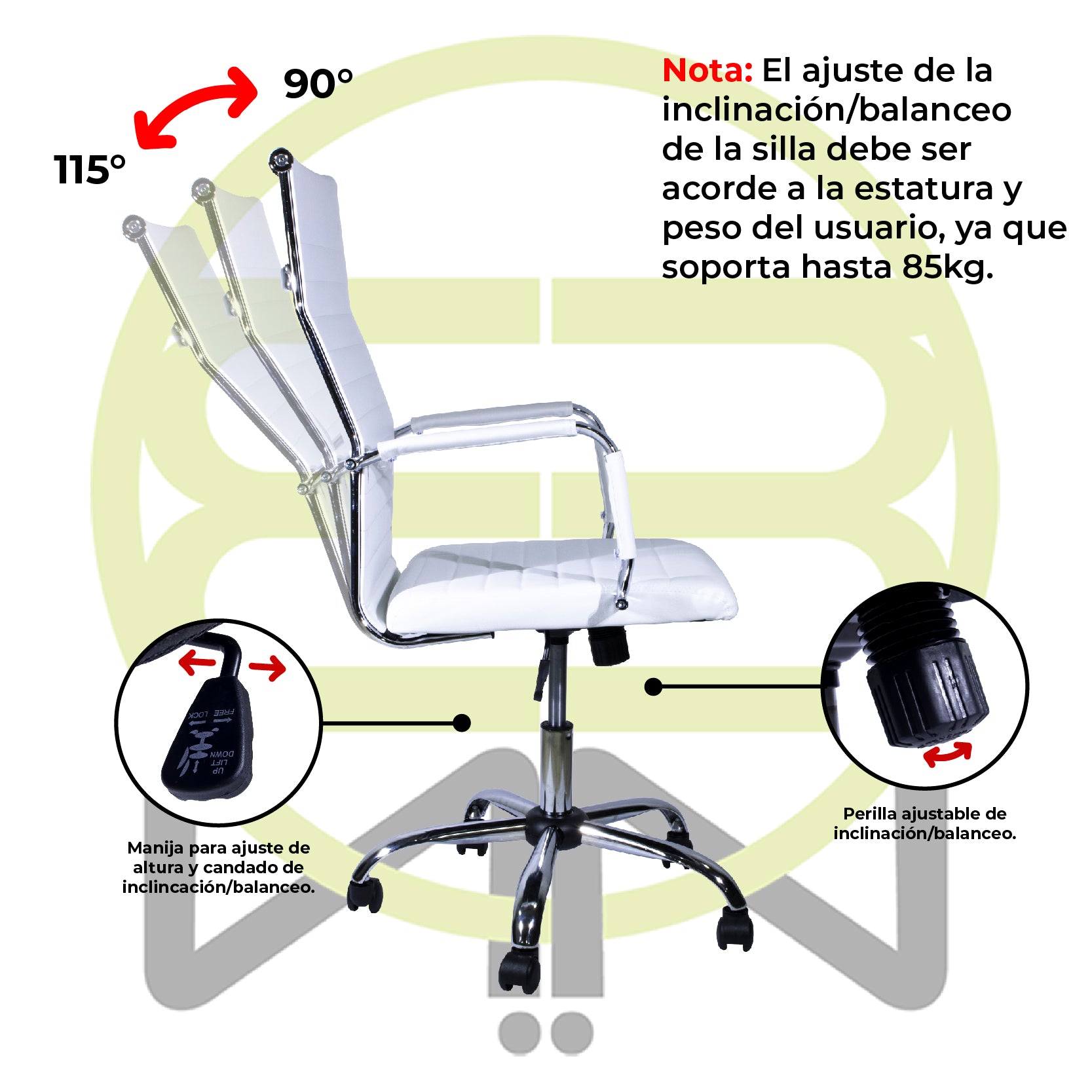 Silla de Oficina Ejecutiva, Giratoria, Respaldo Alto (65 cm), Base Metálica, Max. 85 Kg, Color Blanco, CHASER CH-KENAWHITE