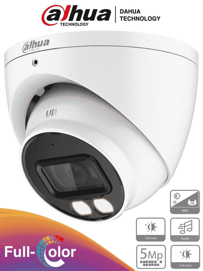 Cámara Domo Full Color, 5 MP, Lente 3.6 mm, Micrófono Integrado, Iluminación LED hasta 40 Metros, Tecnología Starlight, Exterior IP67, DAHUA DH-HAC-HDW1509TN-A-LED-0360B