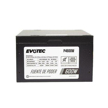 Fuente de Poder Evotec P4600W, 24-pines ATX, 80mm, 600W, Color Negro, NACEB P4600W