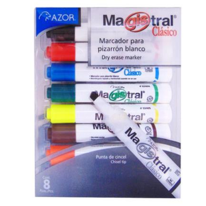 Paquete de Marcadores Magistral Clásico, Plástico, para Pizarrón Blanco, Colores Surtidos, Estuche con 8 Piezas, AZOR 83478