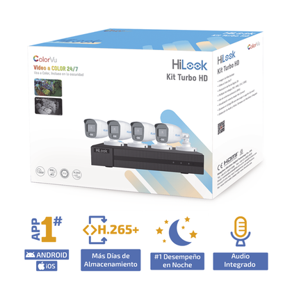 Kit TurboHD 1080p, DVR 4 Canales, 4 Cámaras Bala ColorVu con Micrófono Integrado, Fuente de Poder, Accesorios de Instalación, HILOOK HL-1080-CV/A