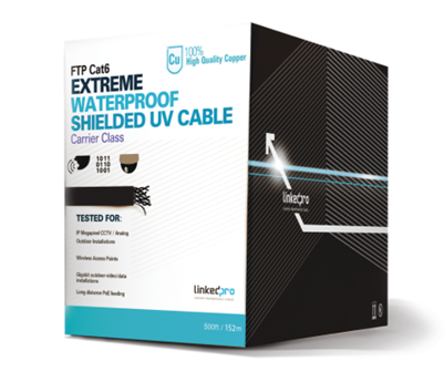 Bobina de 152.5 metros Cat6+ CALIBRE 23 Exterior Blindado tipo FTP Para Climas Extremos, UL para aplicaciones de CCTV y redes de datos. Para uso en Intemperie, Color Negro, LINKEDPRO PRO-CAT-6-EXT/500