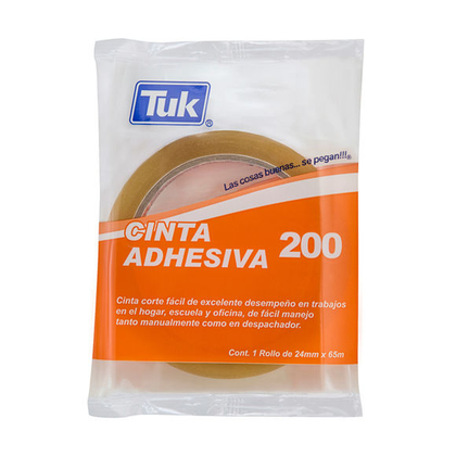 Cinta Adhesiva TUK, Modelo 200, 24 mm x 65 Metros, Corte Fácil, Transparente, TUK 200