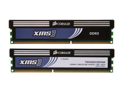 Kit de Memoria RAM DDR3 PC3-10600, Capacidad 2GB (2 x 1GB), Frecuencia 1333MHz, CL9, U-DIMM, CORSAIR TW3X2G1333C9A G