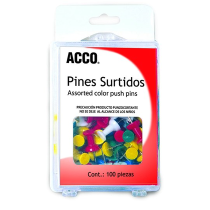 Pin C/ Cabeza Plástica, Punta Afilada, Caja C/ 100 Piezas, Colores Surtidos, ACCO P1167