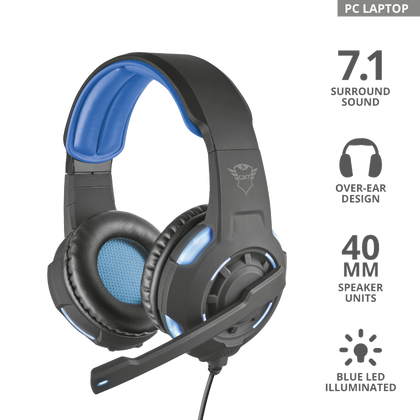 Audífonos Gamer C/ Micrófono Modelo GXT 330 XL Endurance, USB, 7.1 Surround, Color Negro / Azul, Longitud Cable 2.5 Metros, TRUST 22052