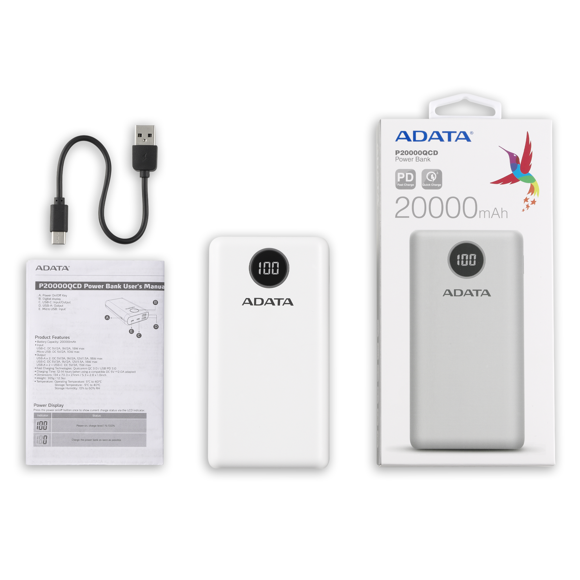 Power Bank 20000MAH ADATA P20000QCD Bateria Portatil Tipo C
