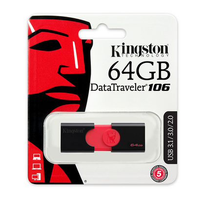 Memoria Flash USB DataTraveler 106, Capacidad 64GB, USB 3.1, Color Negro/Rojo, KINGSTON DT106/64GB