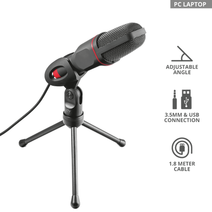 Micrófono Con Trípode Modelo GXT 212 Mico, 3.5 mm / USB, Longitud del Cable 1.8 Metros, Color Negro, TRUST 22191