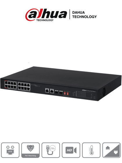 Switch Poe Ethernet de 18 Puertos, 16 PoE y 2 SFP, 10/100 Mbps, 135 Watts Totales, PoE Watchdog, Switching 7.2 Gbps, DAHUA DH-PFS3218-16ET-135