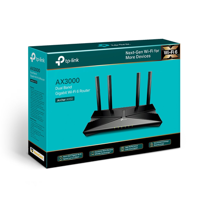 Router Inalámbrico Gigabit AX3000 y Wi-Fi 6, Doble Banda (2.4GHz y 5GHz), 4 Antenas, 4 x LAN Gigabit / 1 Puerto WAN Gigabit + 1 x USB 3.0, TP-LINK ARCHERAX50