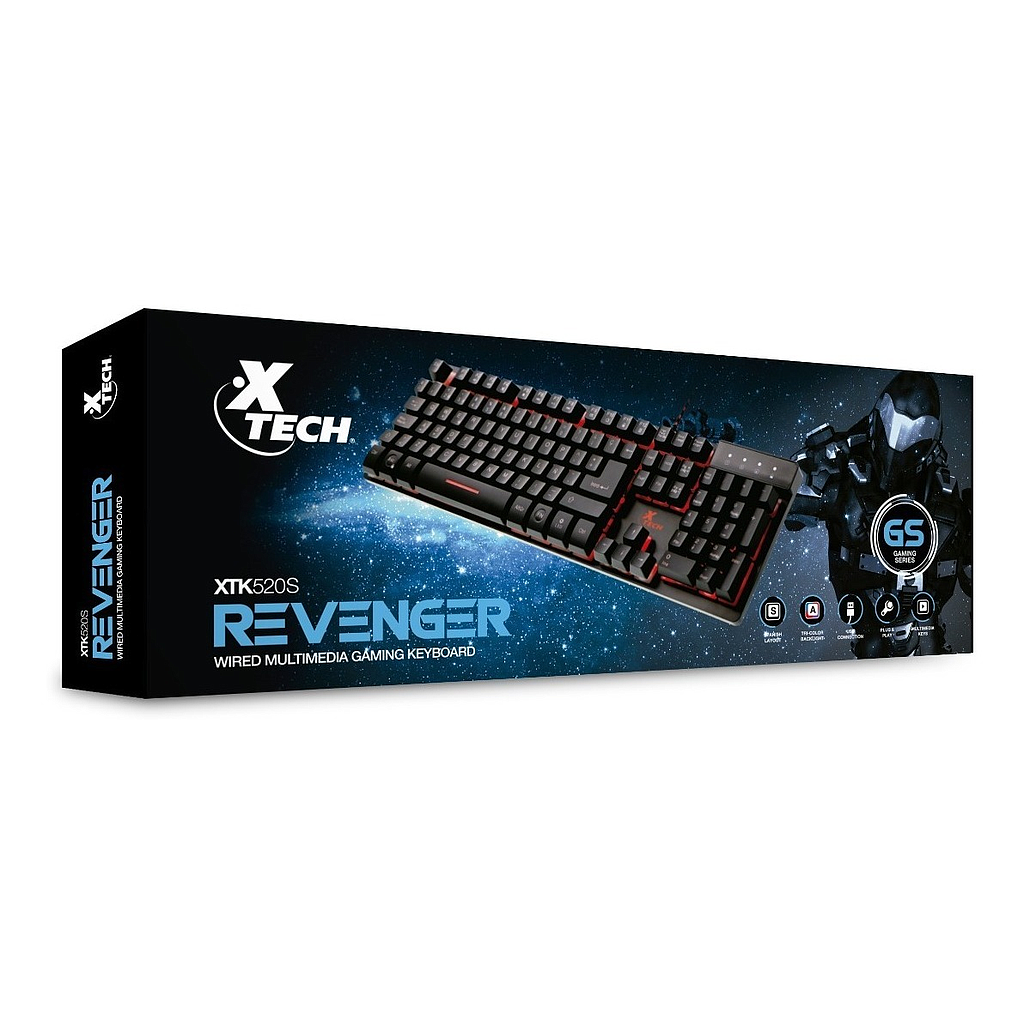 Teclado Gamer Revenger, Iluminación LED. Color Negro, USB, Multimedia, XTECH XTK-520S