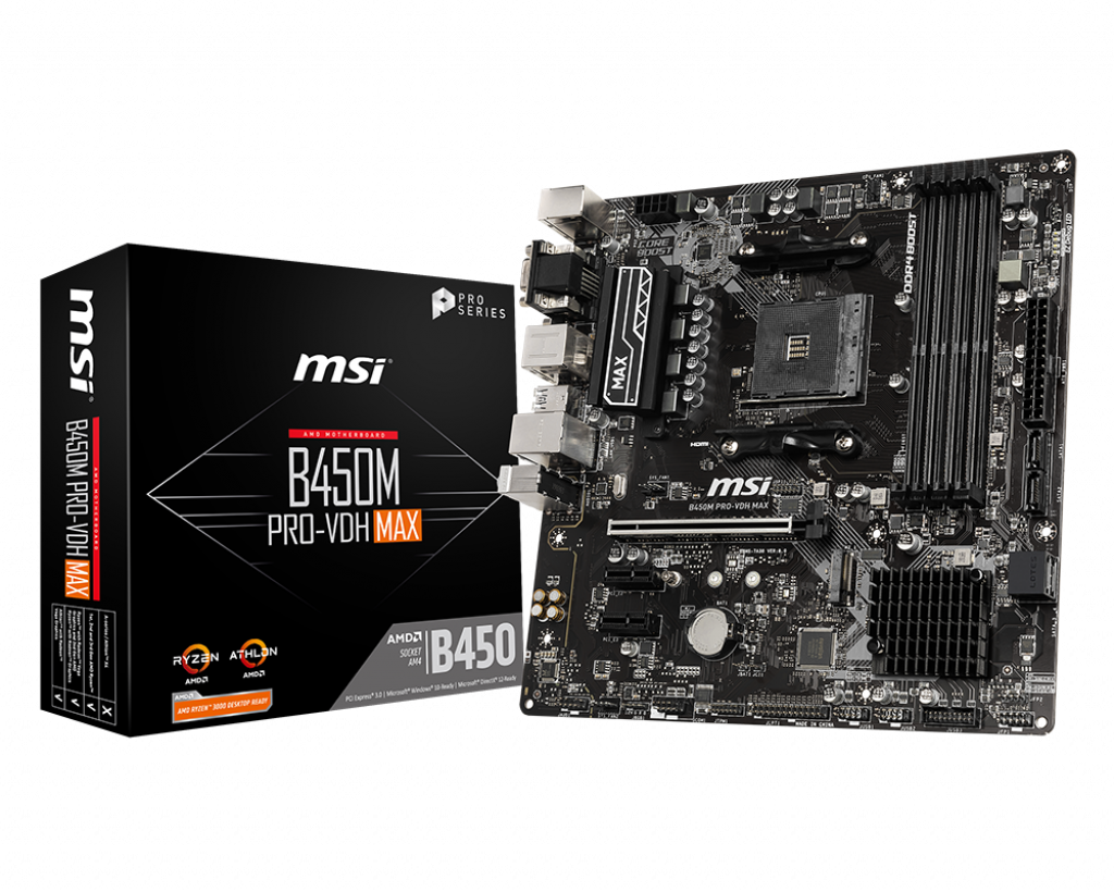 Tarjeta Madre (Mobo) Chipset AMD B450M PRO-VDH MAX, Socket AM4, Para AMD Ryzen 1ra / 2da / 3era Gen, 4x DDR4 (Max. 128GB), Integrado Audio HD, Red, USB 3.0, SATA 3.0, MicroATX, MSI 911-7A38-055